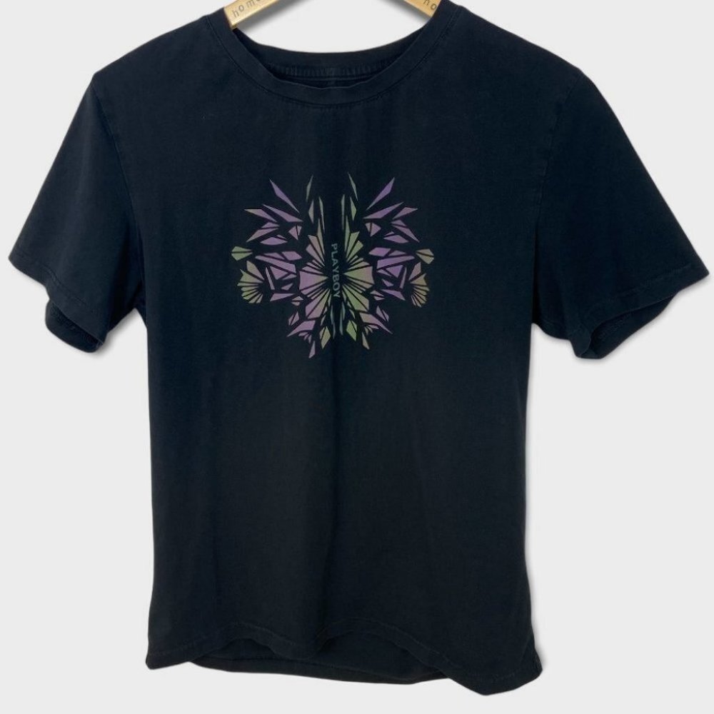 Playboy Black T-Shirt Short Sleeve Crew Neck Tee Graphic Size Small Top Floral‎